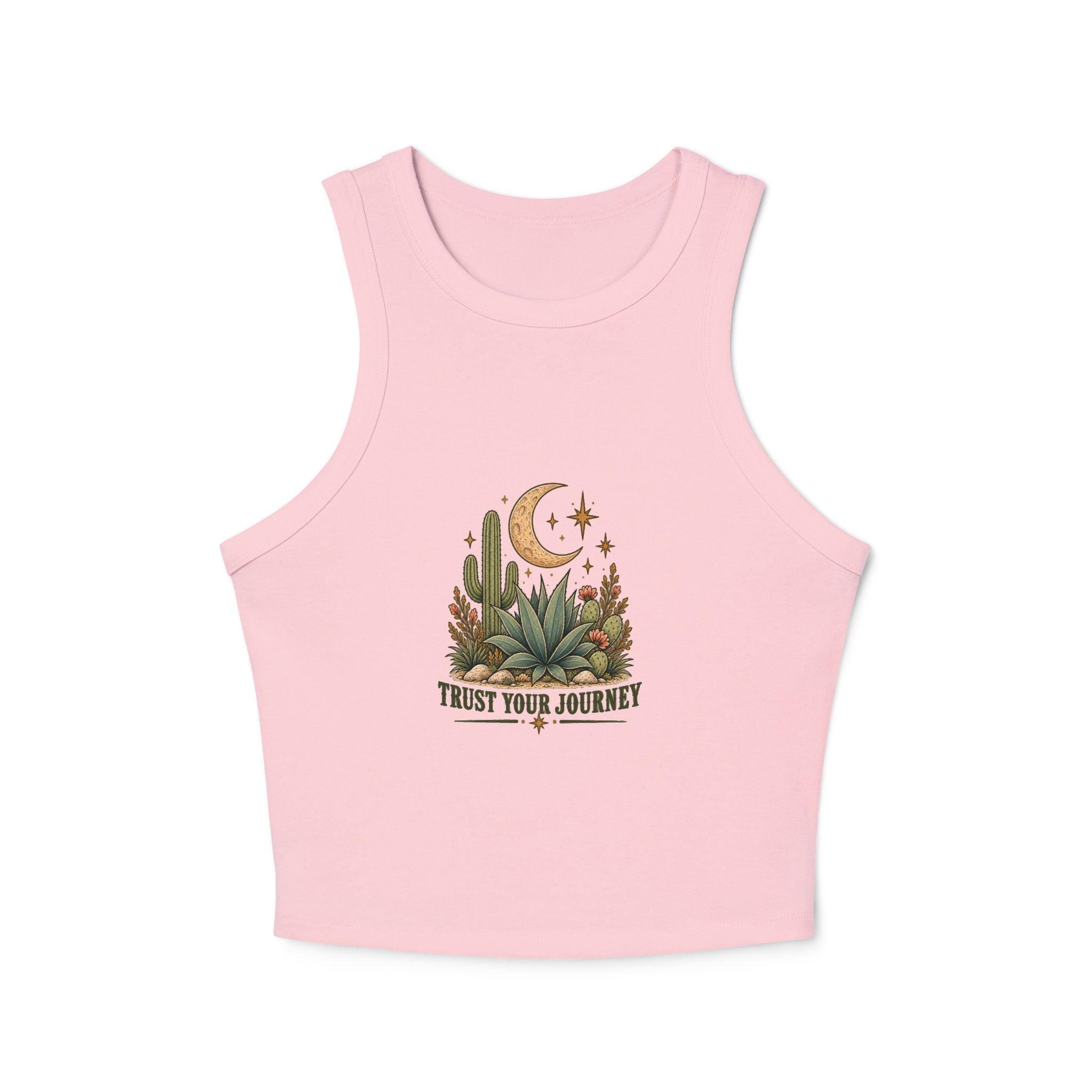 Trust Your Journey Cropped Racer Tank — Moon & Succulent Graphic
