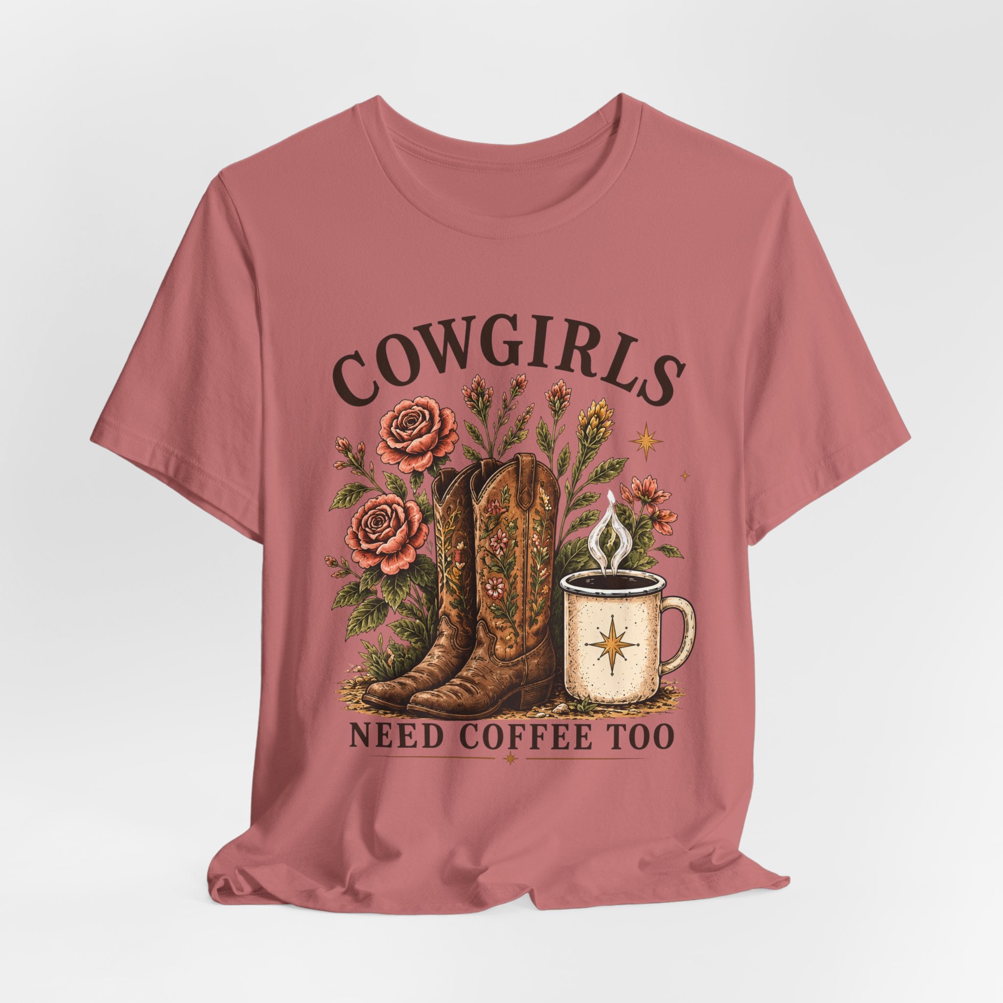 Cowgirls Need Coffee Tee — Western Boot & Mug Graphic Shirt