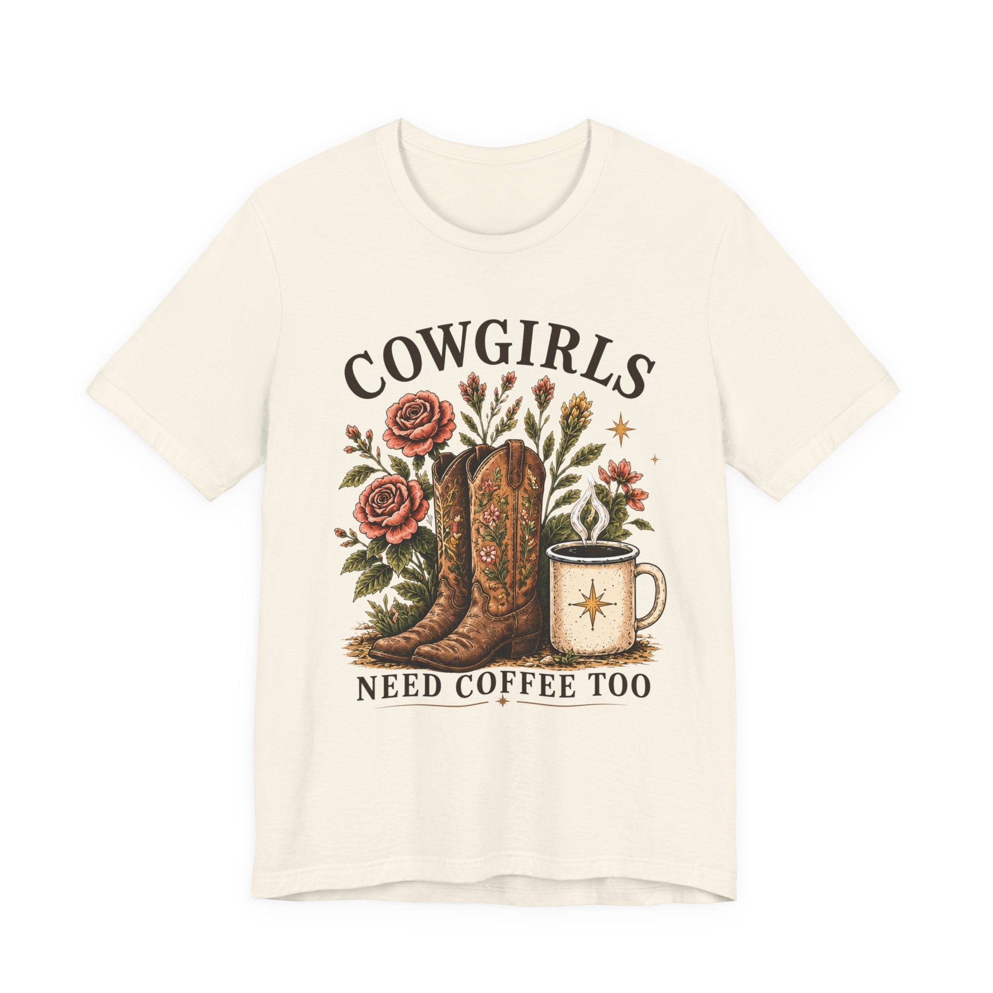 Cowgirls Need Coffee Tee — Western Boot & Mug Graphic Shirt