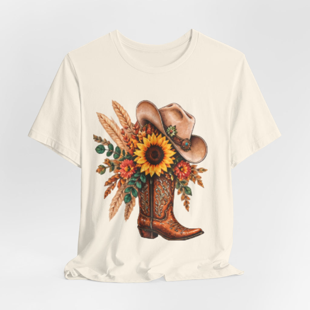 Cowgirl Boot & Sunflower T‑Shirt — Western Floral Tee for Fall