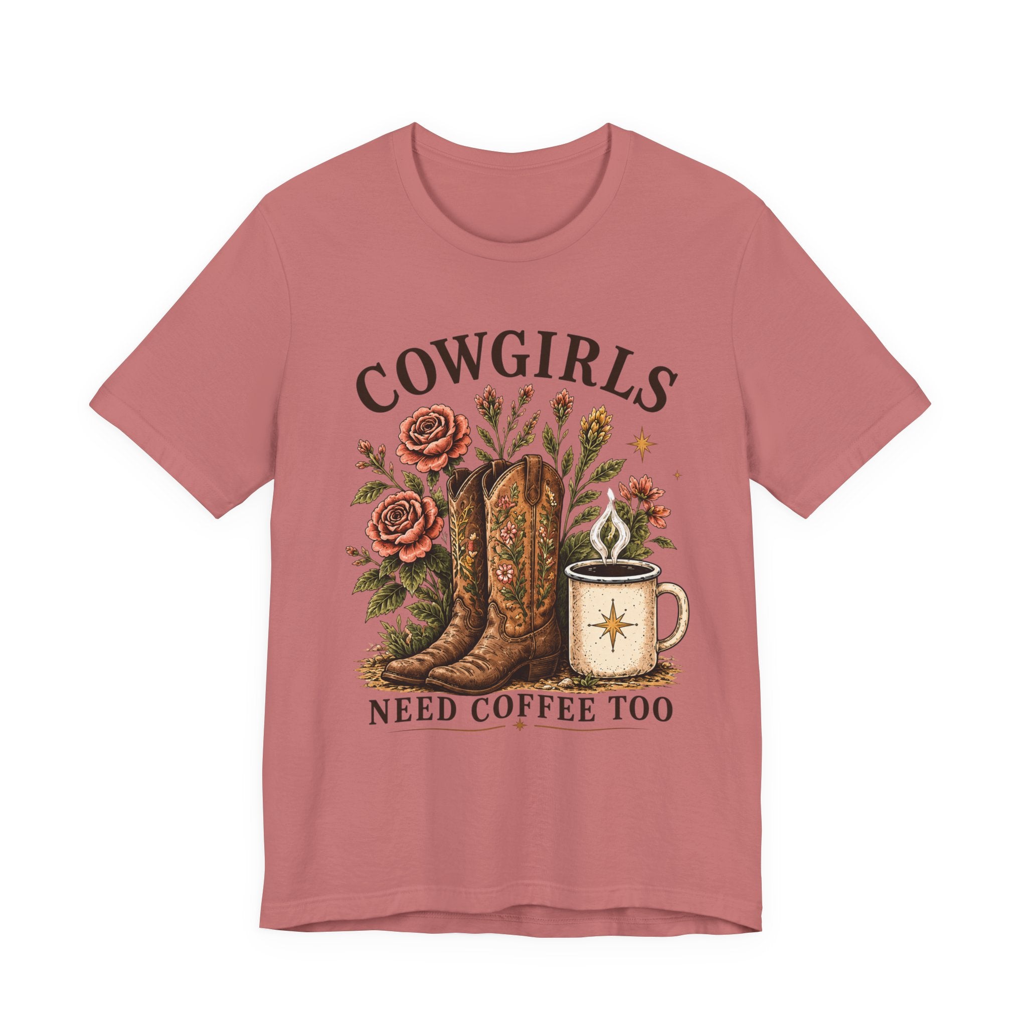 Cowgirls Need Coffee Tee — Western Boot & Mug Graphic Shirt