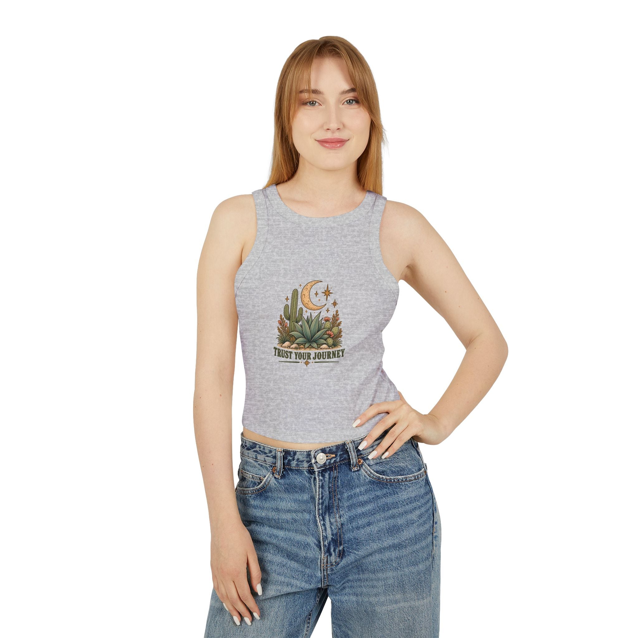 Trust Your Journey Cropped Racer Tank — Moon & Succulent Graphic