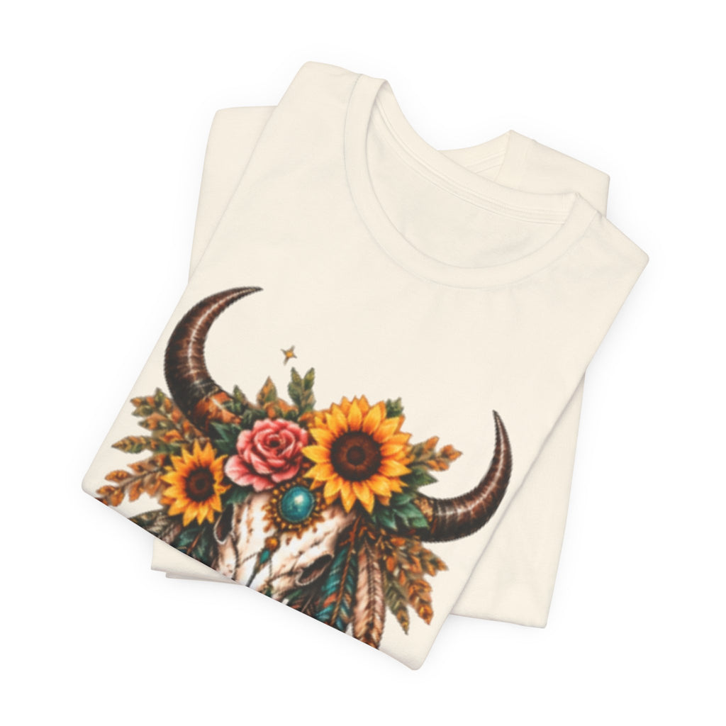 Boho Bull Skull Tee — Sunflower & Feather Western Graphic T-Shirt