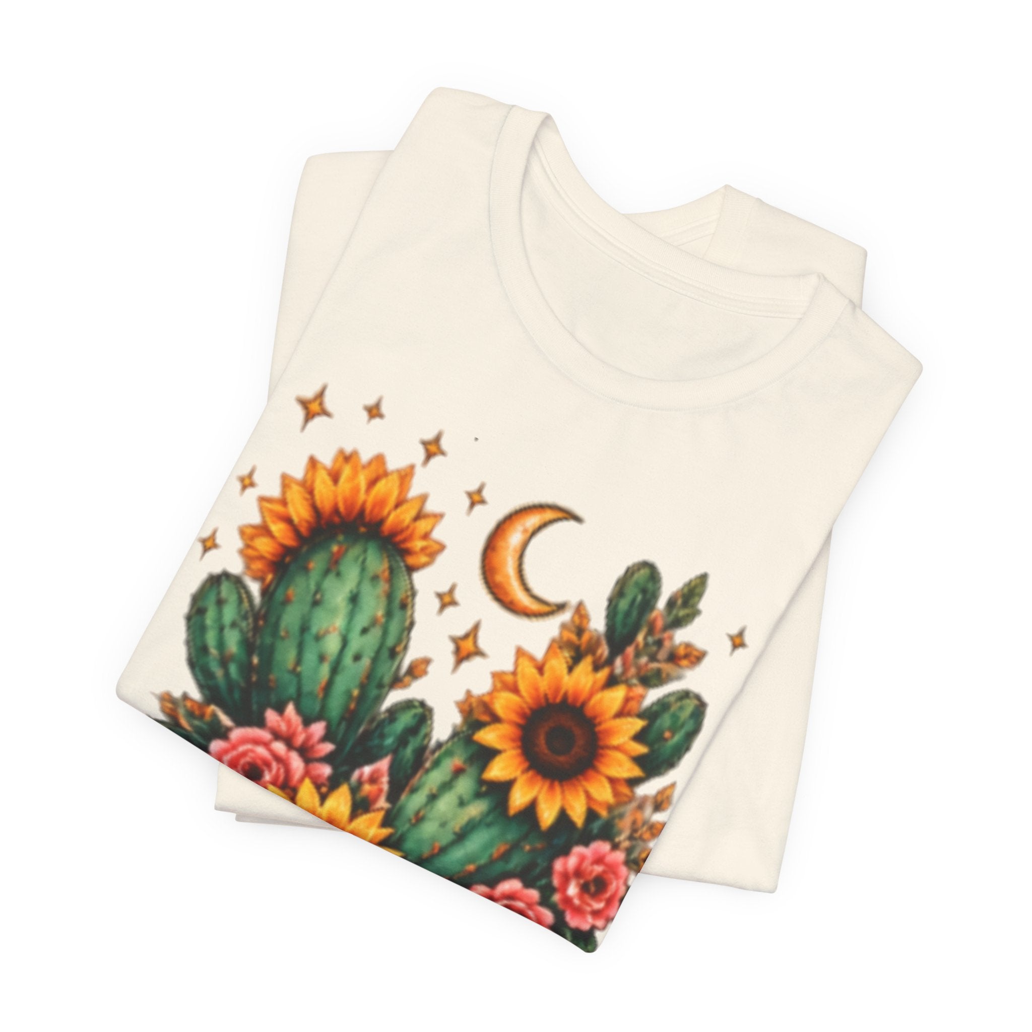 Sunflower & Cactus Tee — Boho Moon Floral Graphic Shirt