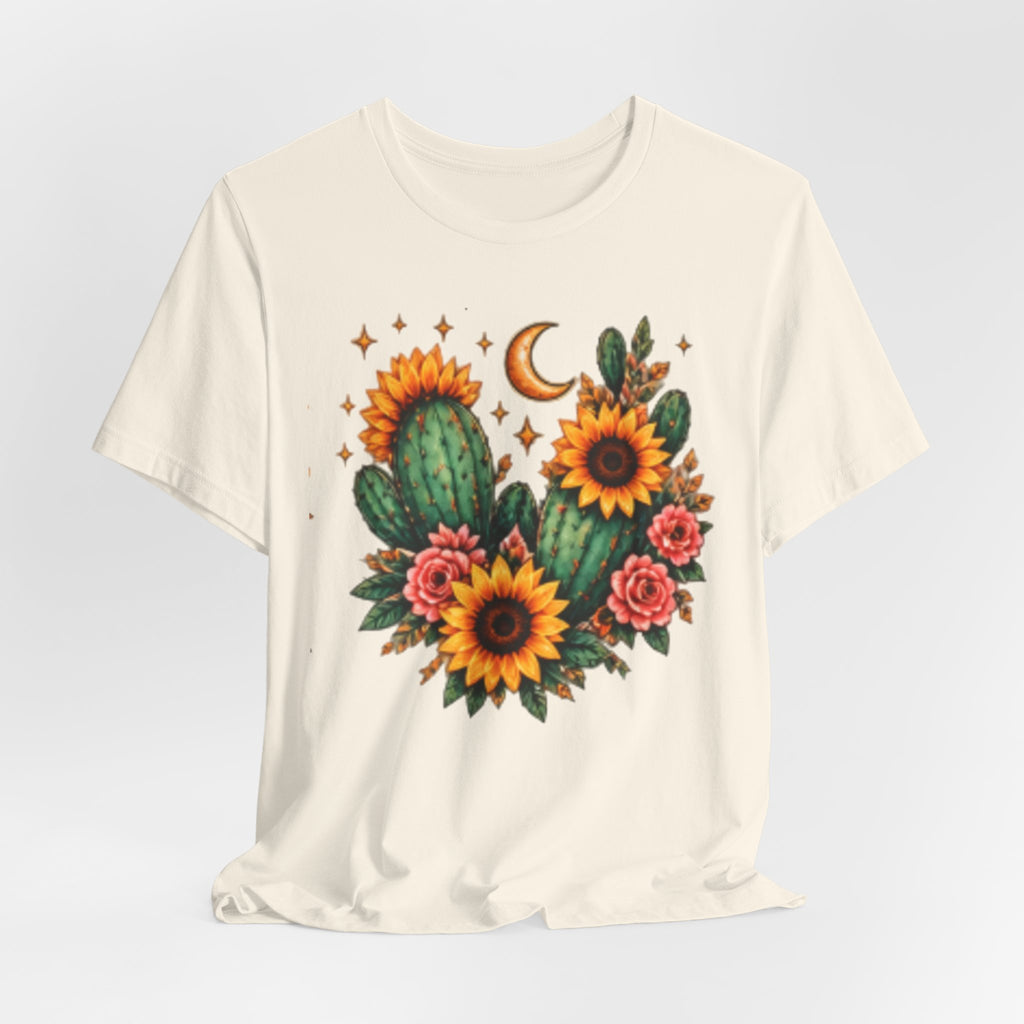 Sunflower & Cactus Tee — Boho Moon Floral Graphic Shirt