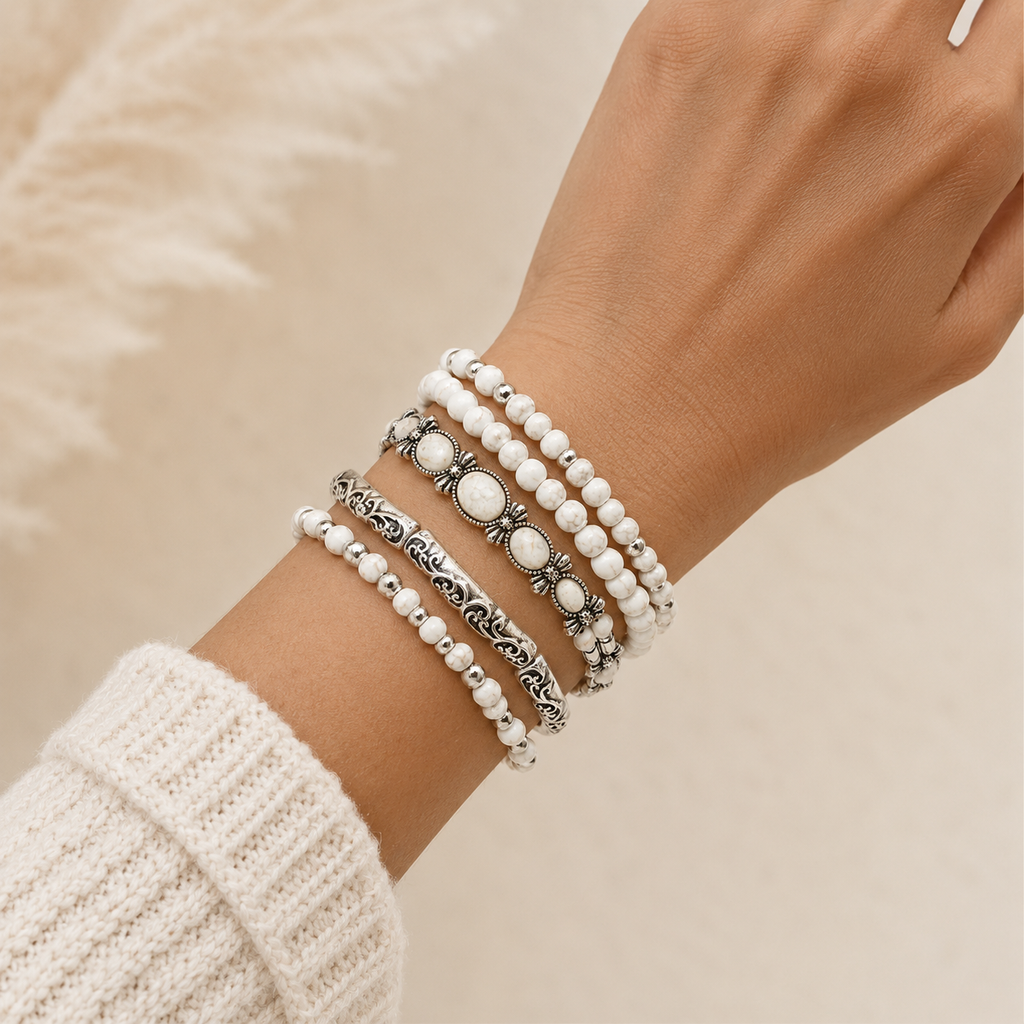 Ivory Desert Stone Silver Bracelet Set