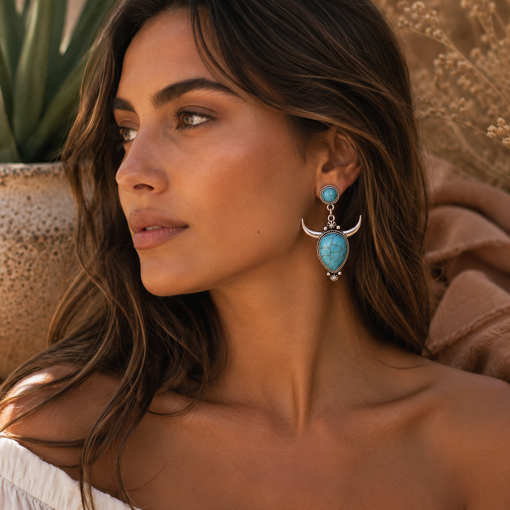 Woman wearing turquoise earrings with a neutral background