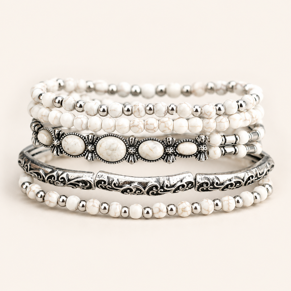 Ivory Desert Stone Silver Bracelet Set