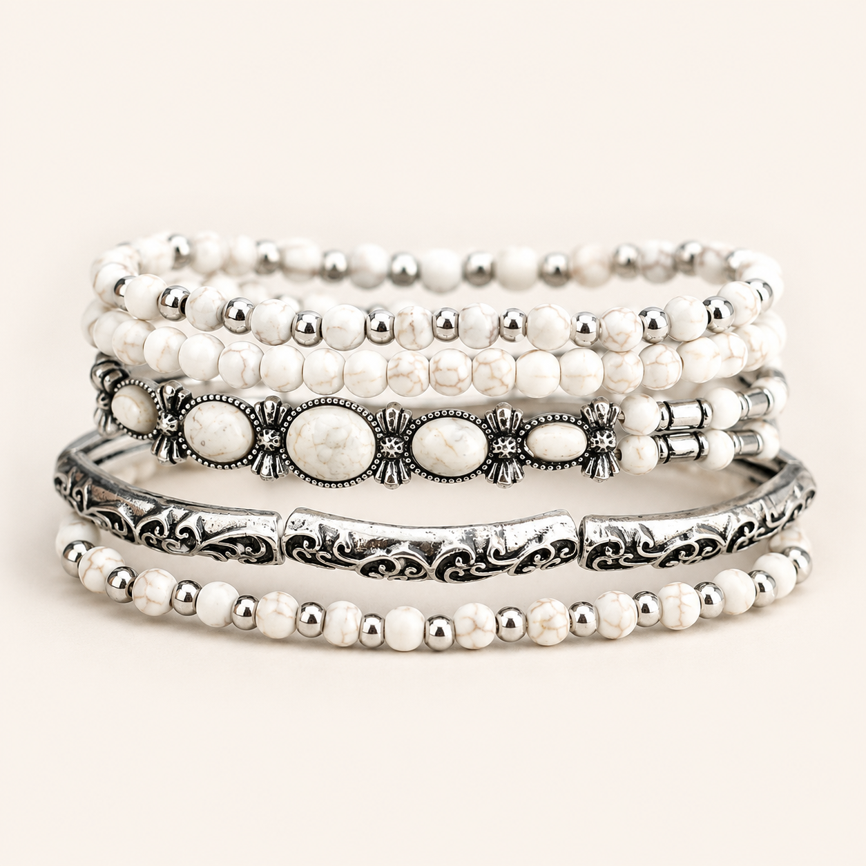 Ivory Desert Stone Silver Bracelet Set