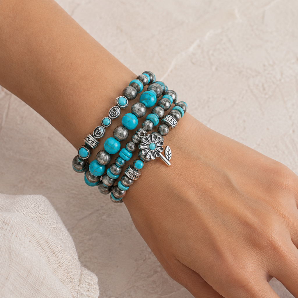 Desert Bloom Turquoise & Antique Silver Bracelet Stack
