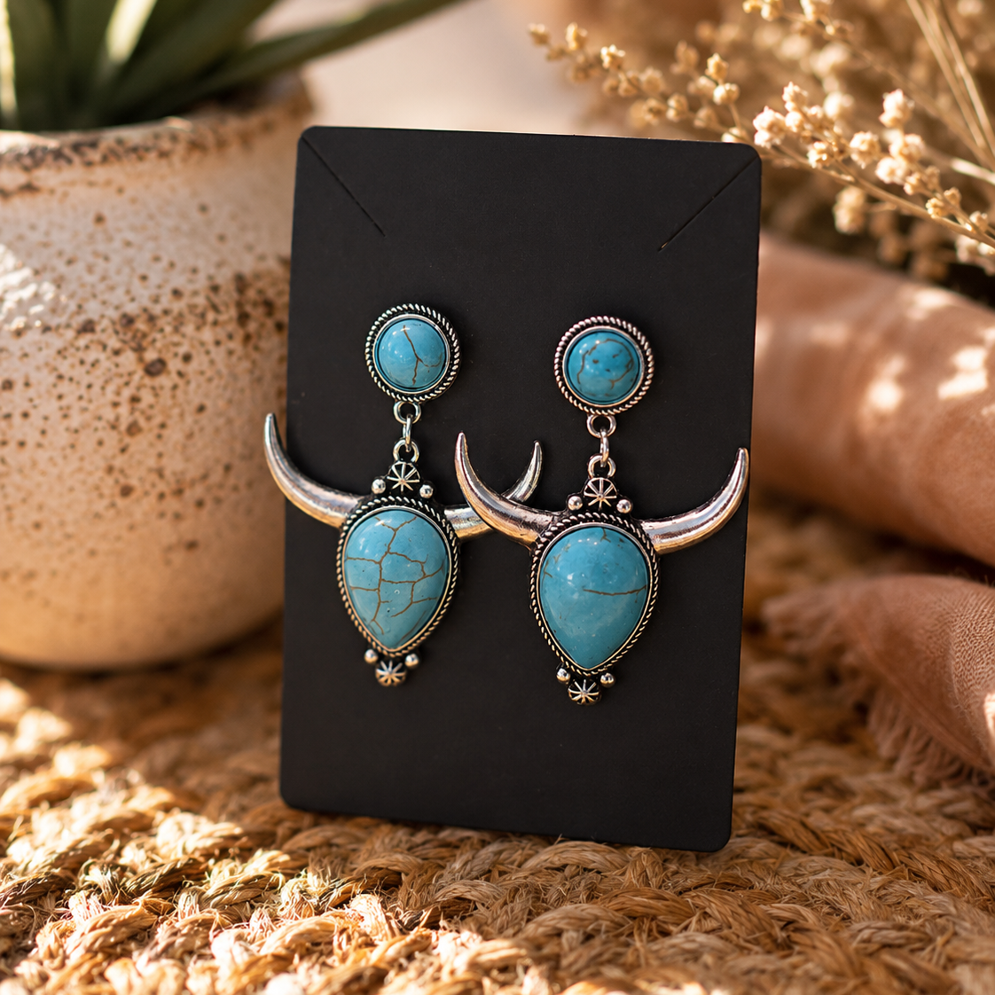 Turquoise earrings on a black card with a natural background