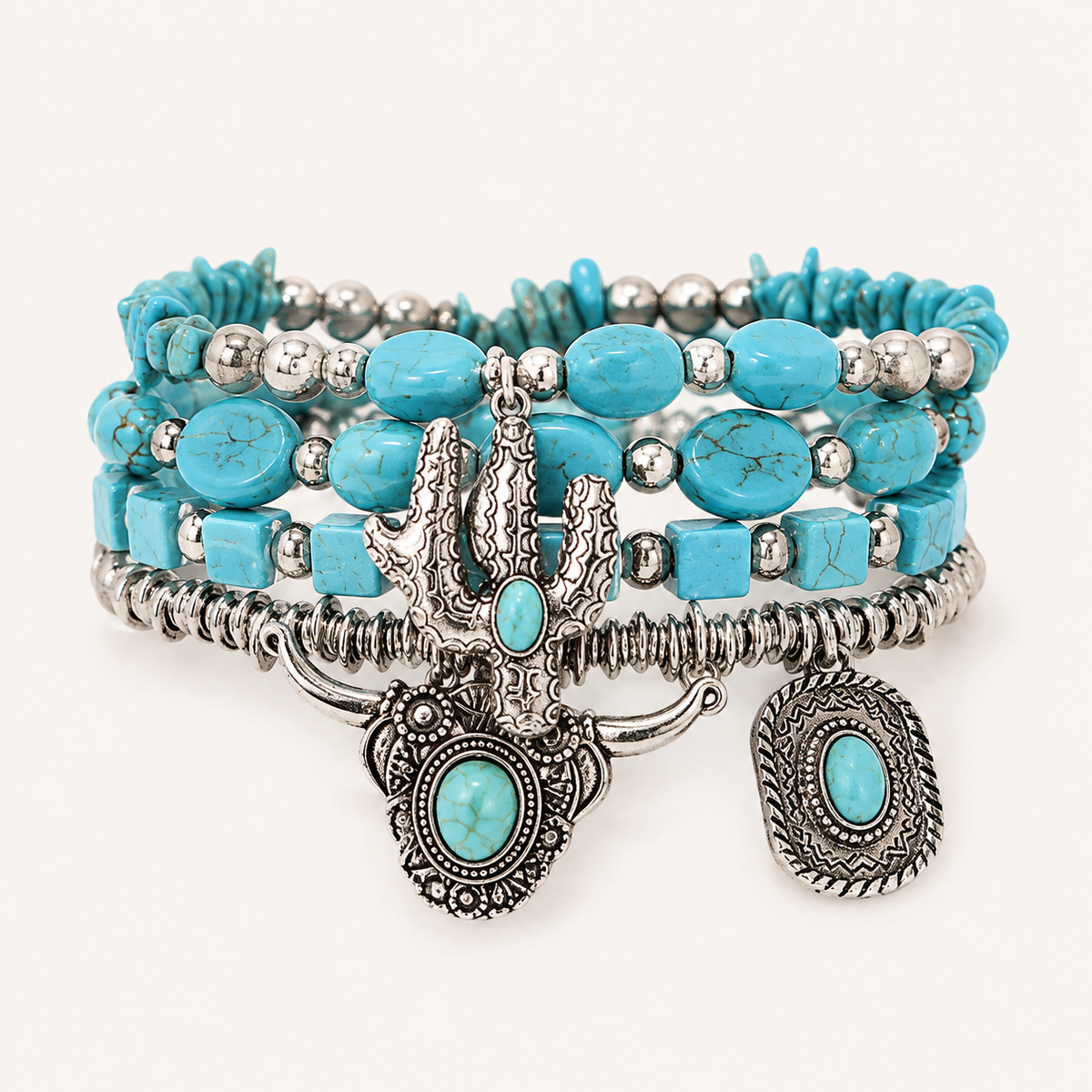 Western Cactus Turquoise Bracelet Stack