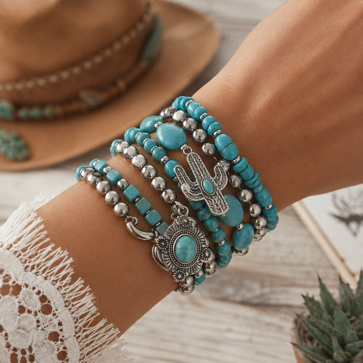 Western Cactus Turquoise Bracelet Stack